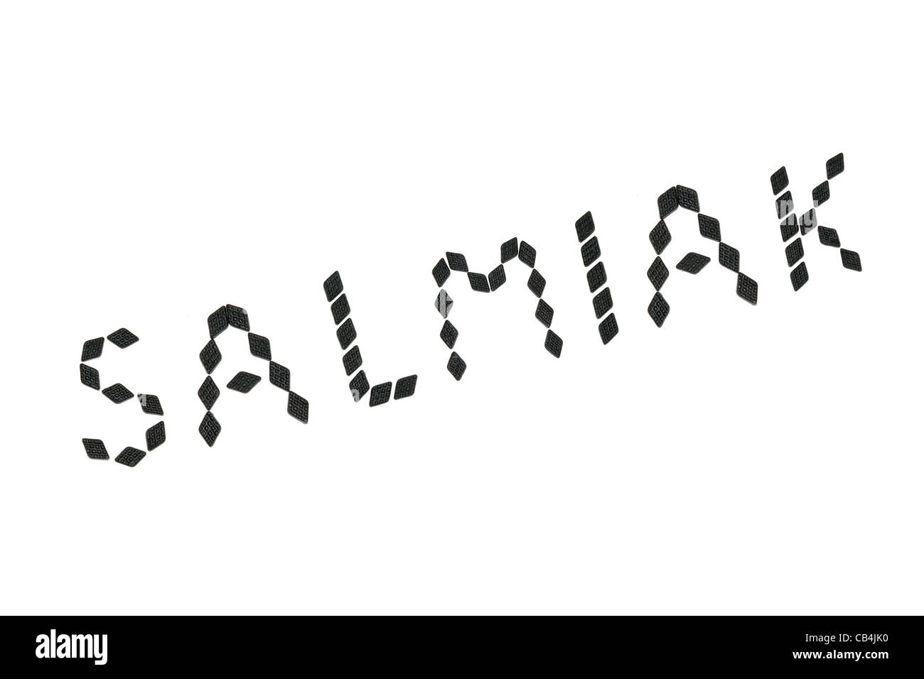 Word salmiak spelled in soft salmiak - salty liquorice candy, on white background Stock Photo