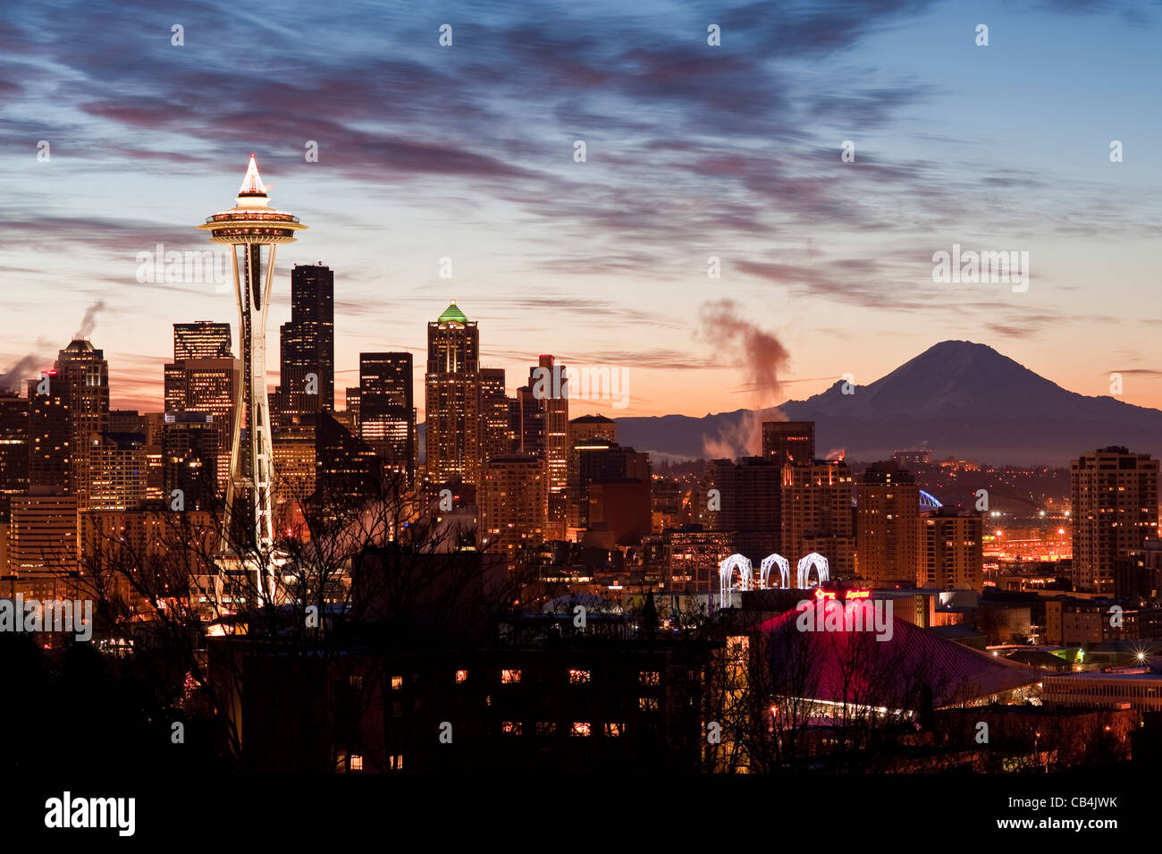 Retro Image Of Seattle Skyline At Sunrise With Mount Rainier Stock retro-image-of-seattle-skyline-at-sunrise-with-mount-rainier-stock