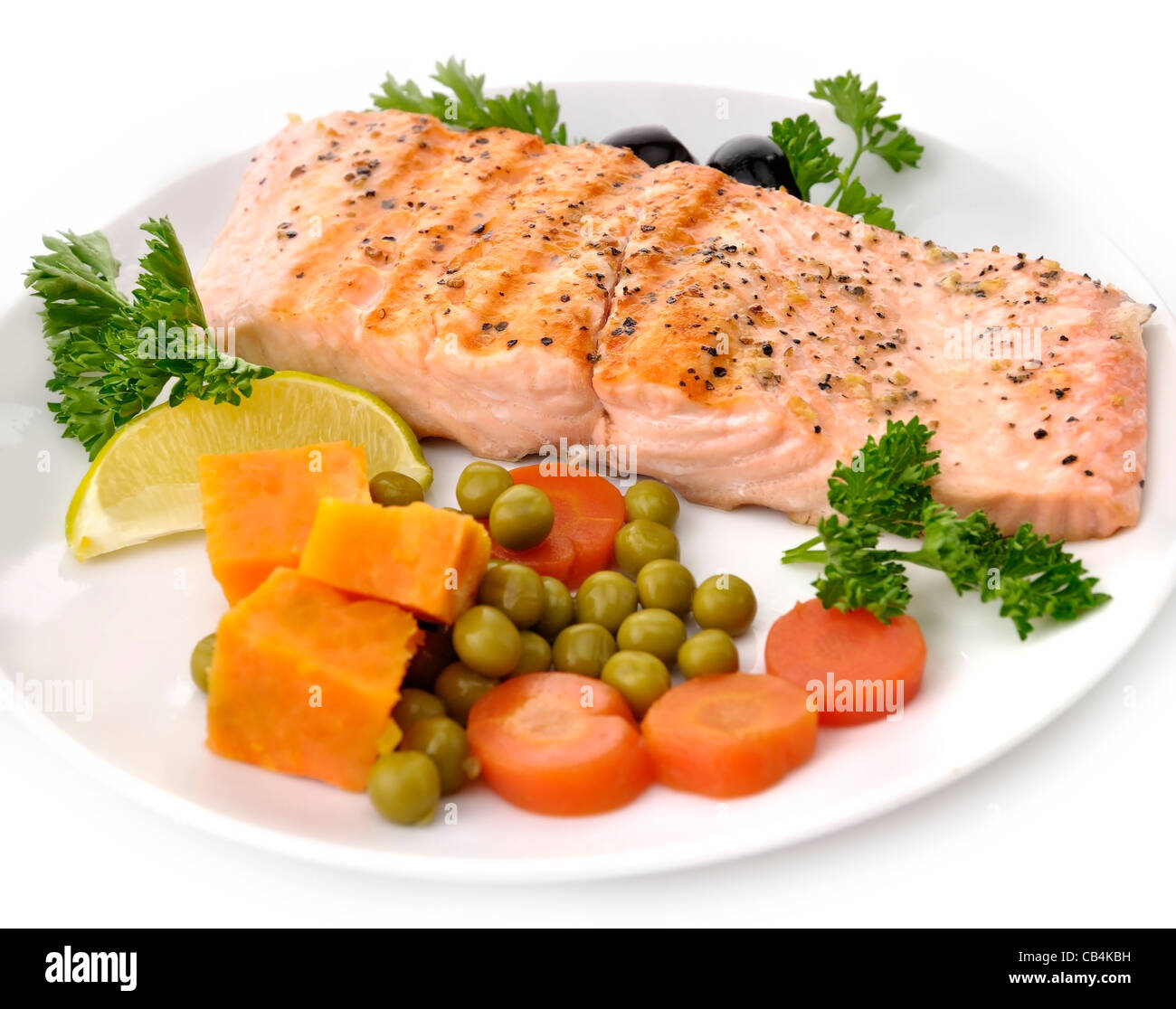 Grilled Salmon Fillet With Vegetables On White Background Stock Photo ...