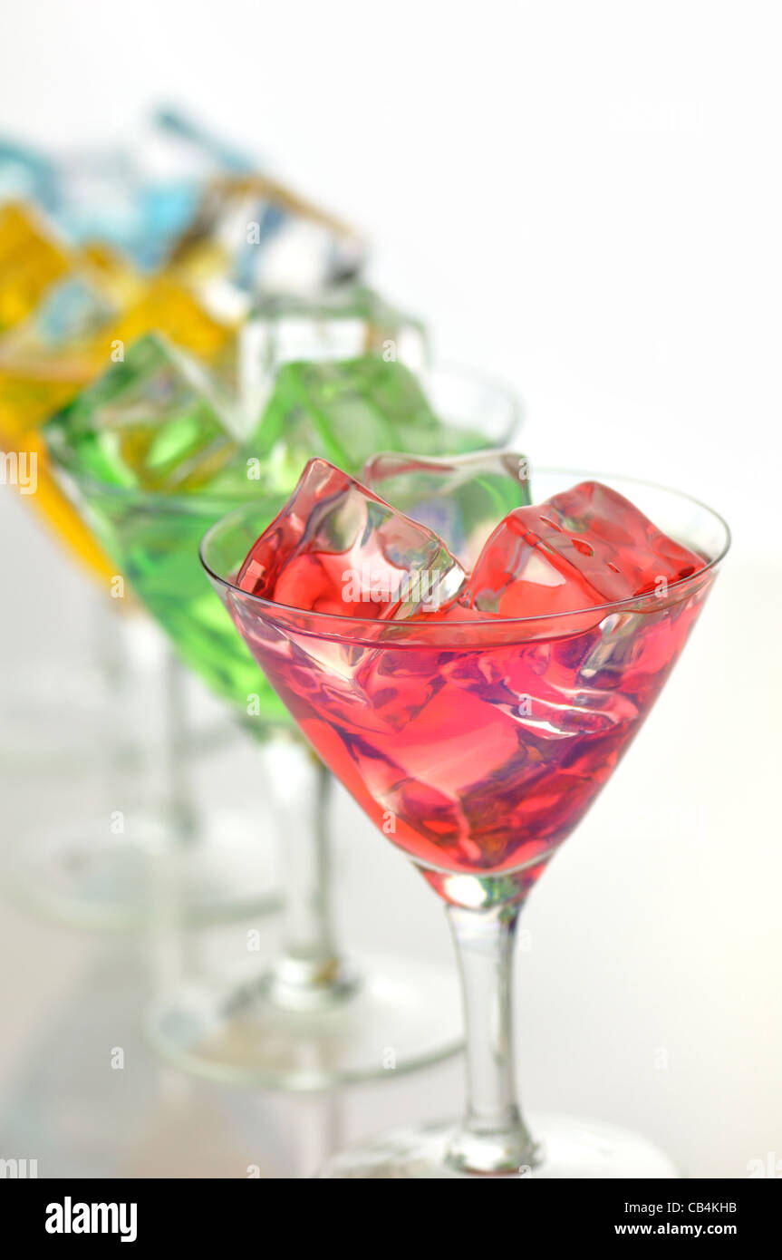 row of cold colorful drinks , close up shot Stock Photo