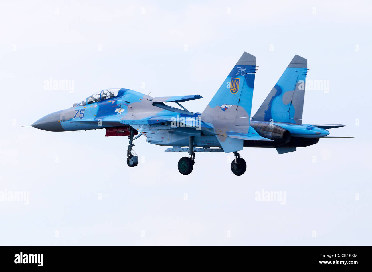 Sukhoi Su-27UB operated by the Ukraine Air Force, airbrake extended, on approach for landing at RAF Fairford Stock Photo