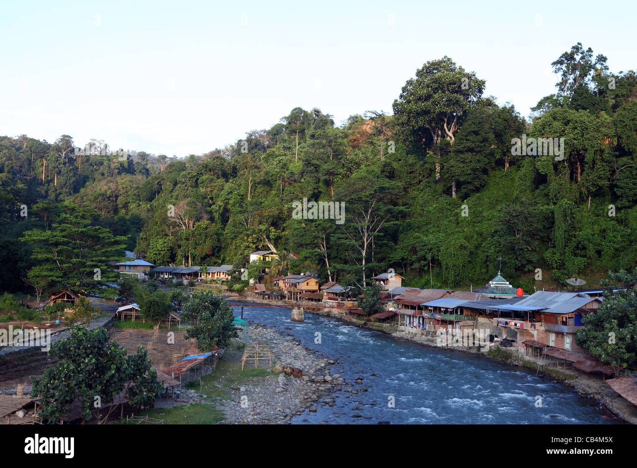 Early morning on the Bohorok River as it passes through Bukit Lawang in Gunung leuser National Park. Stock Photo