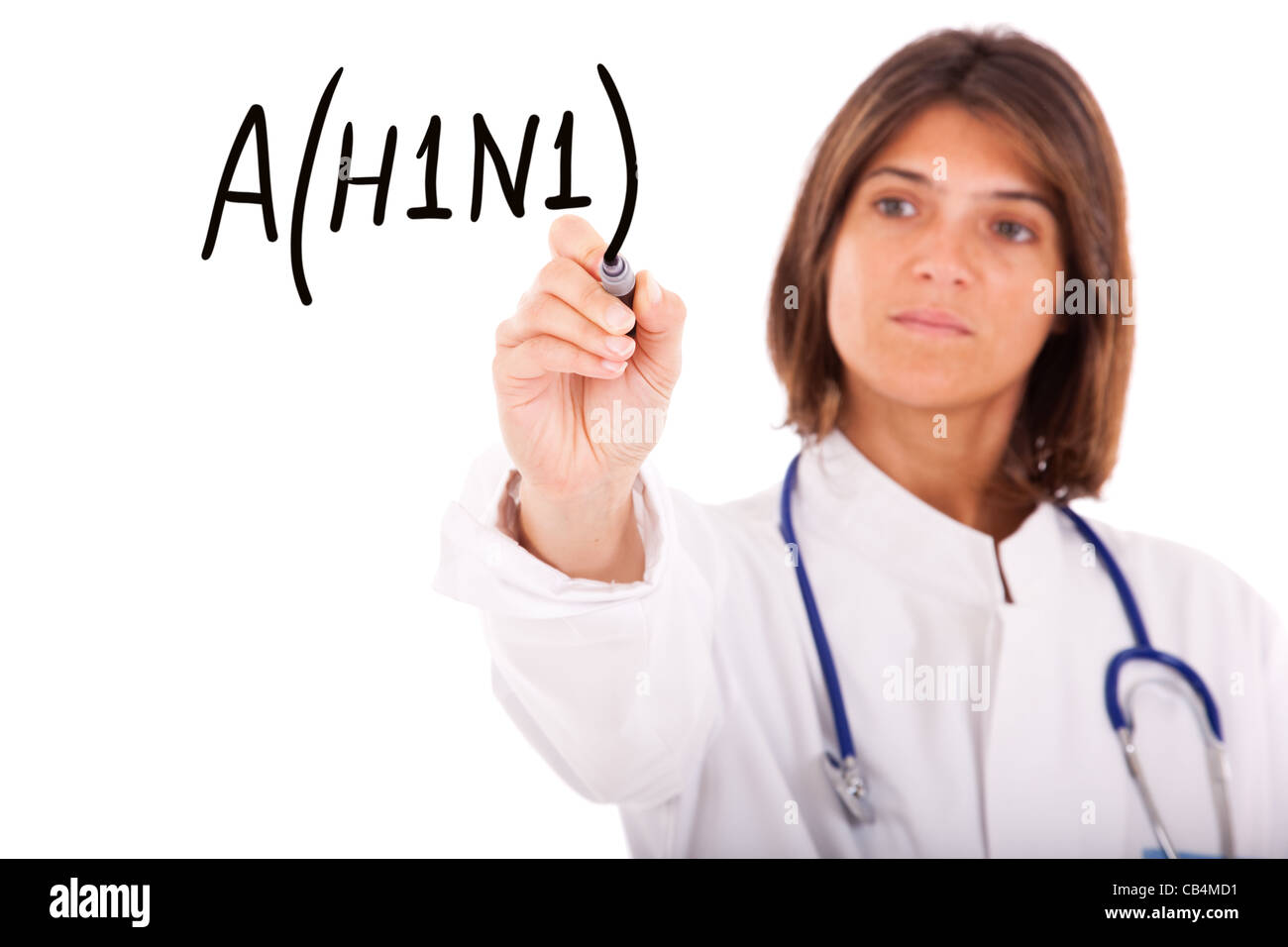 doctor writing a world alert for the swine influenza A(H1N1) (selective focus) Stock Photo
