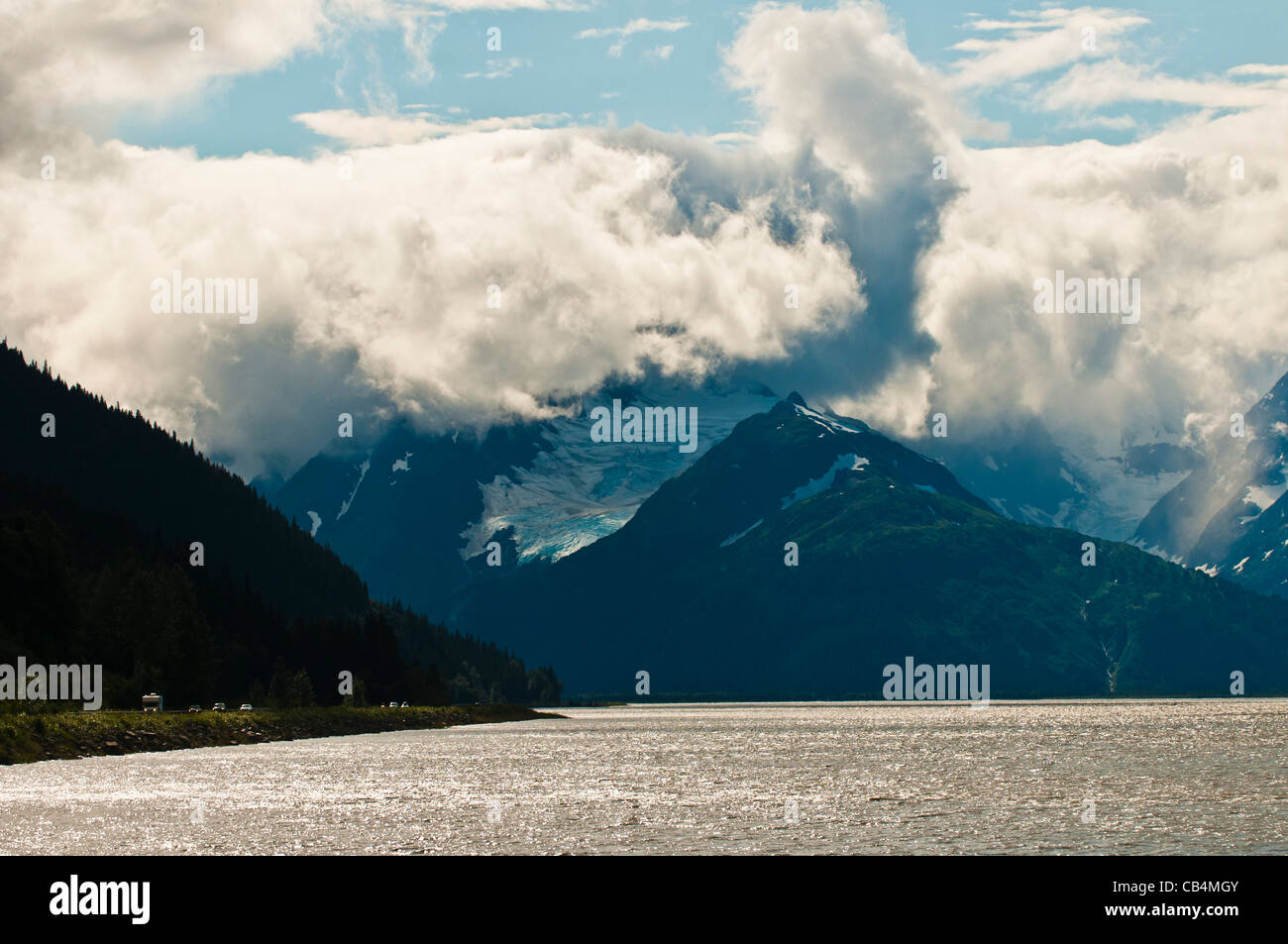 Highway and mountains bordering the Turnagain Arm, Alaska Stock Photo