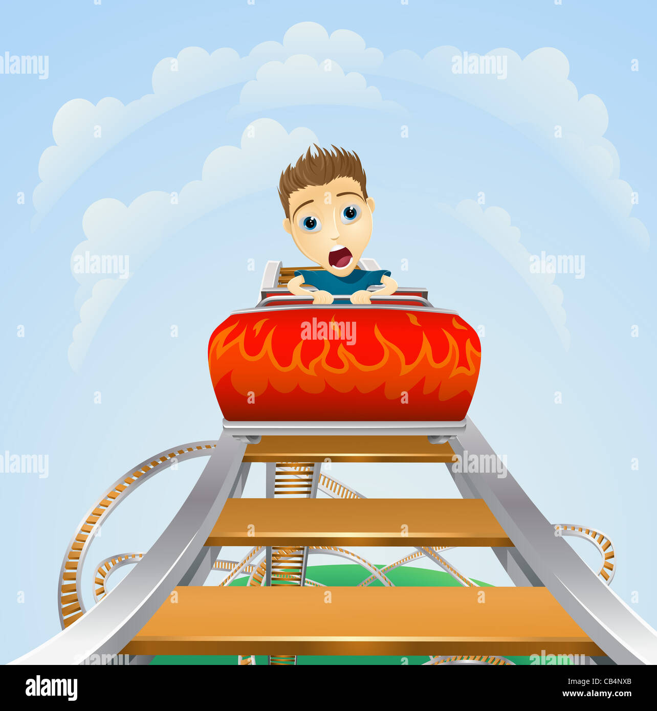 Cartoon of a young boy or man looking terrified on a roller coaster ride Stock Photo