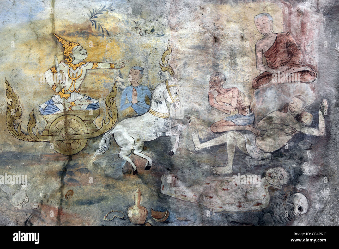 Old colorful painting on cave wall at Wat Tham Seua (Tiger Cave) temple, Krabi, Thailand, Southeast Asia, Asia Stock Photo