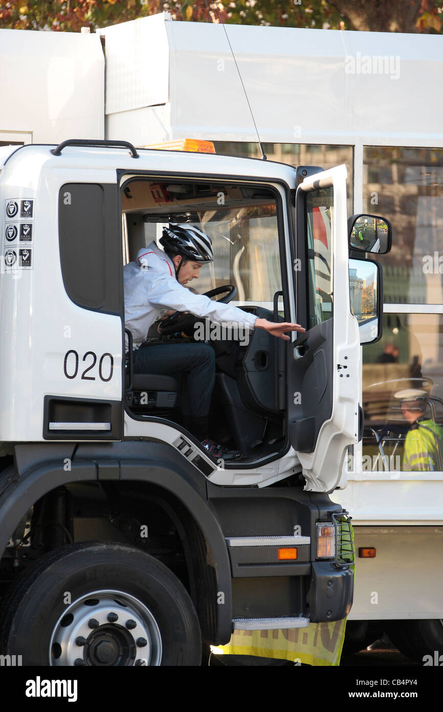 Cyclist takes a drivers eye view from the cab of an HGV at road safety ...