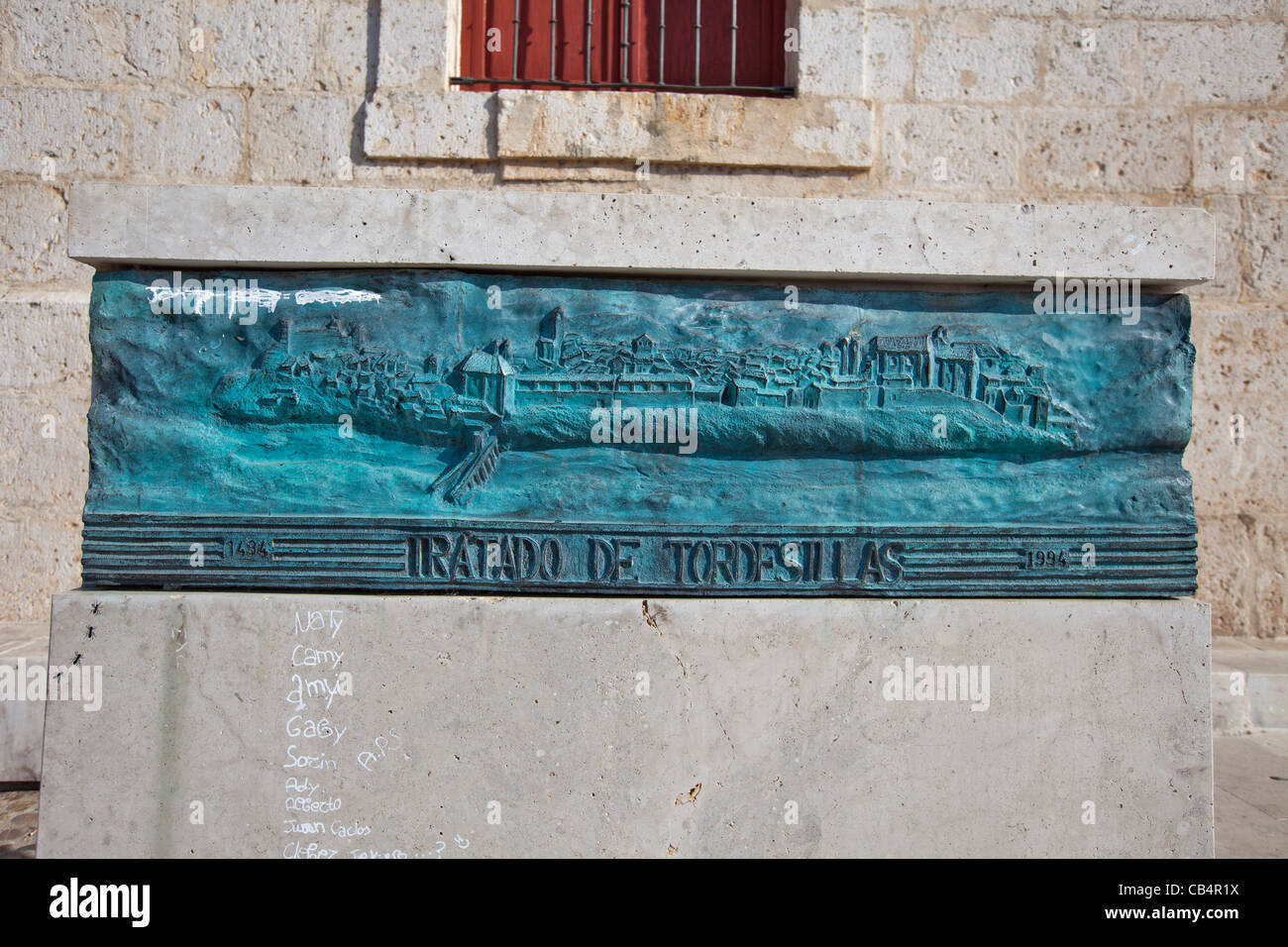 Plaque on palace wall commemorating the treaty of tordesillas spain