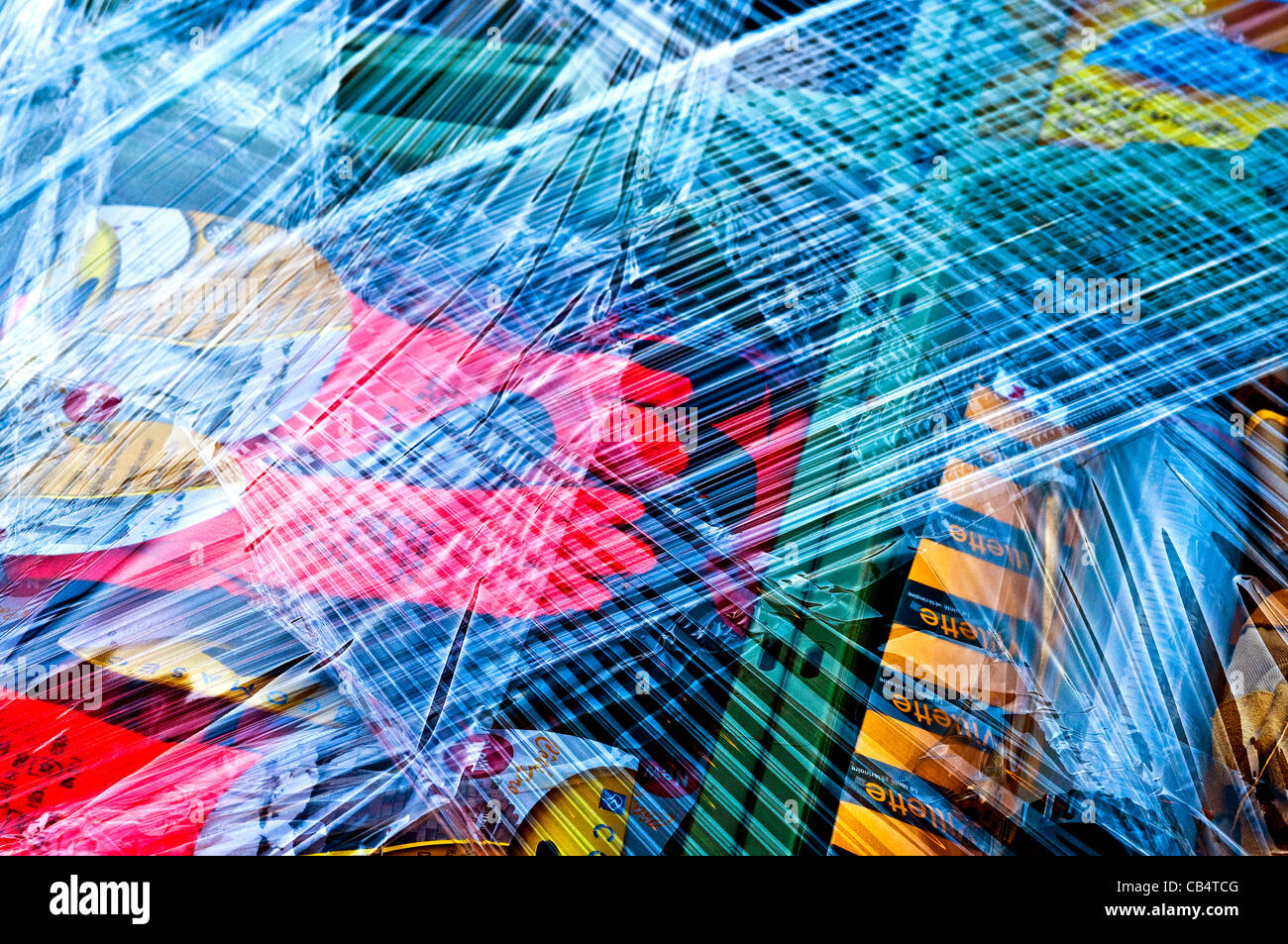 Transparent cling-film plastic wrapping for pallet of goods for delivery. Stock Photo