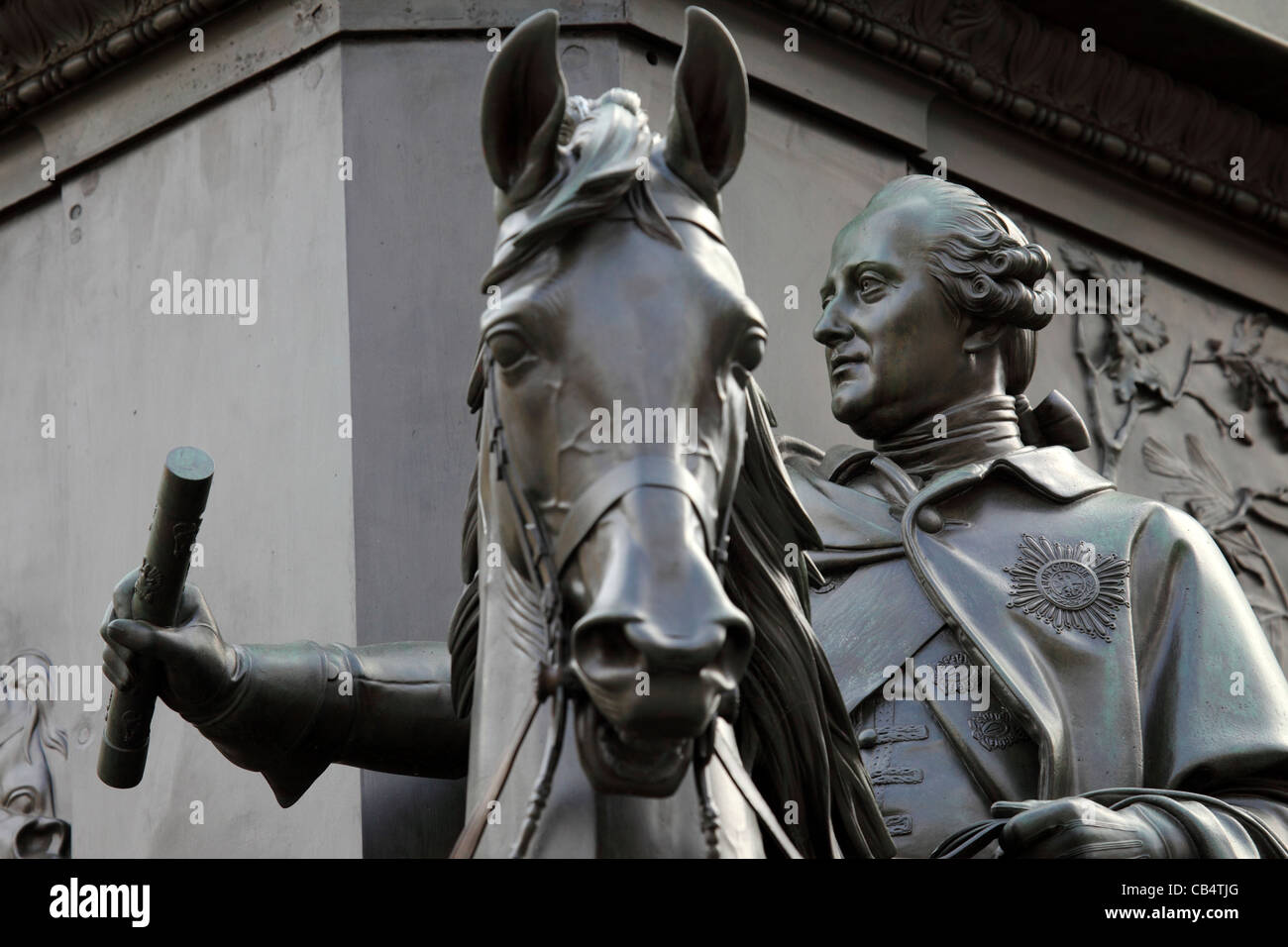 Equine statue of an 18th century Prussian general on the monument to Frederick the Great in Berlin, Germany. Stock Photo
