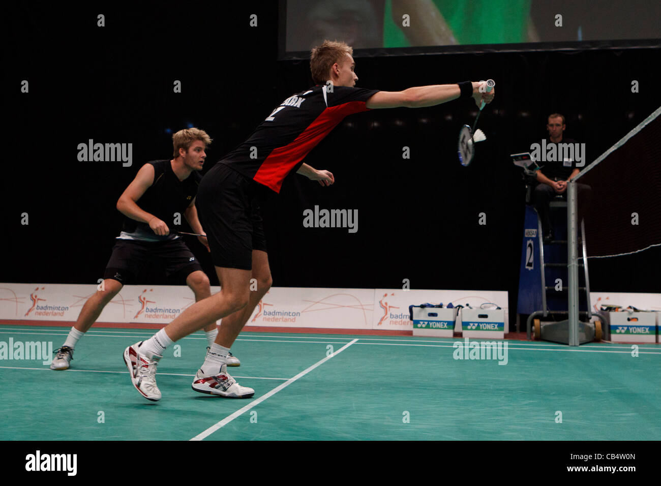 Badminton players Mads Pieler Kolding (left) and Christian John Skovgaard (right) from Denmark Stock Photo
