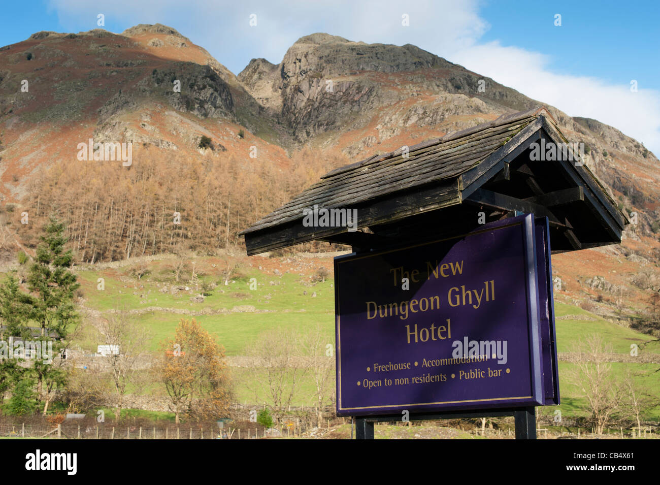 The New Dungeon Ghyll Hotel sign at Great Langdale The Lake District Cumbria England UK Stock Photo