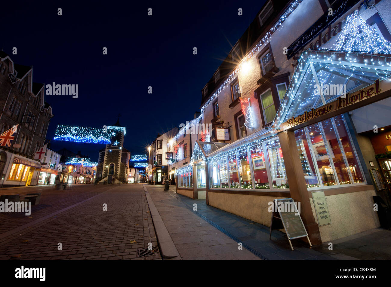 Christmas lights in Keswick, The Lake District Cumbria England UK Stock