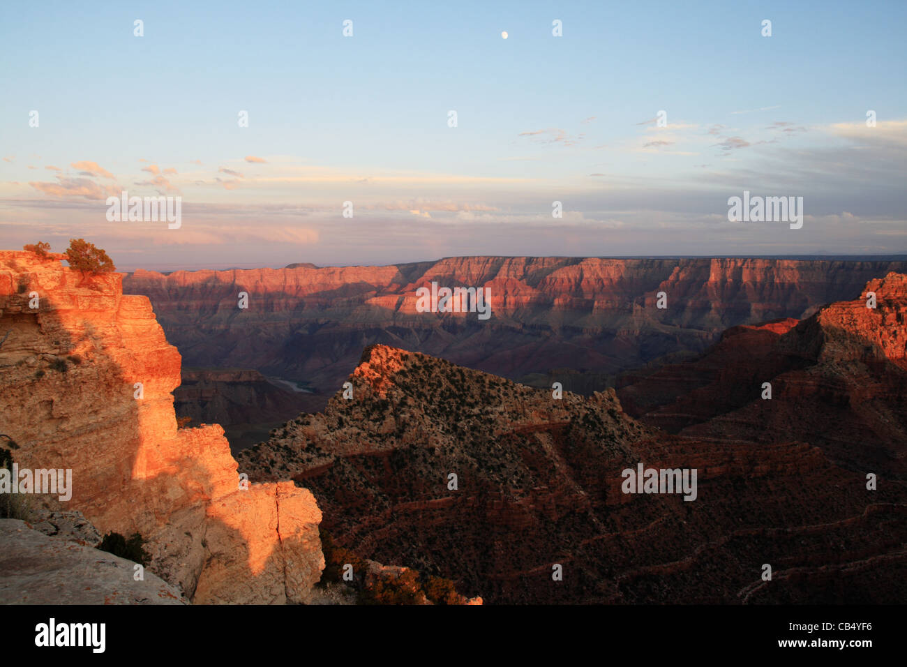the grand canyon in the evening from Cape Royal lit by the last rays of the sun with a rising moon Stock Photo