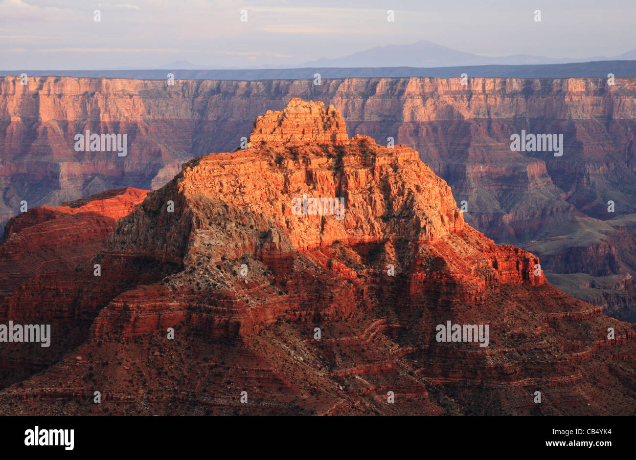 Vishnu Temple and the San Francisco Peaks from the North Rim of the Grand Canyon, Arizona Stock Photo