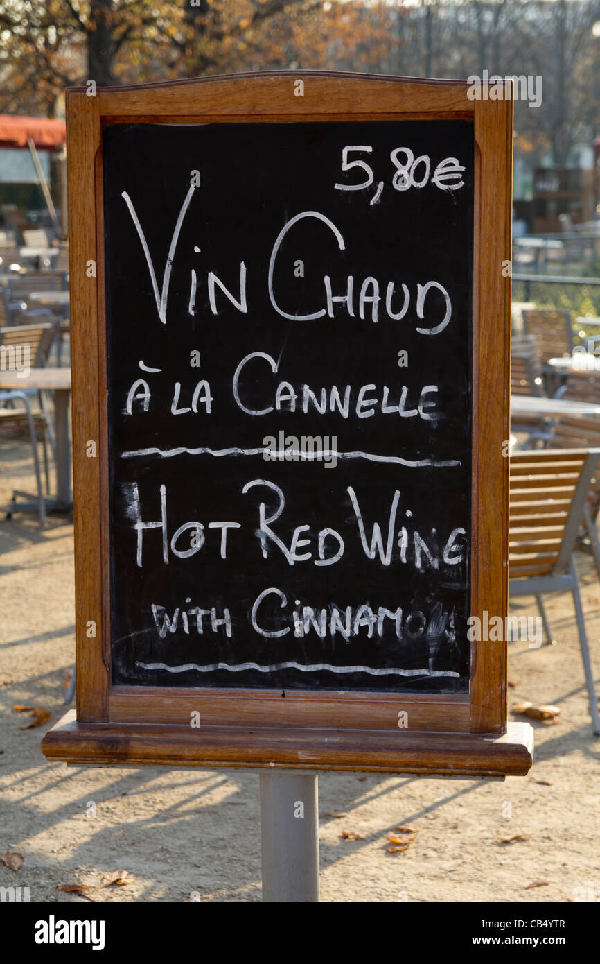 Cafe advertisement for hot red wine with cinnamon, November in Jardin des Tuileries, Paris, France Stock Photo