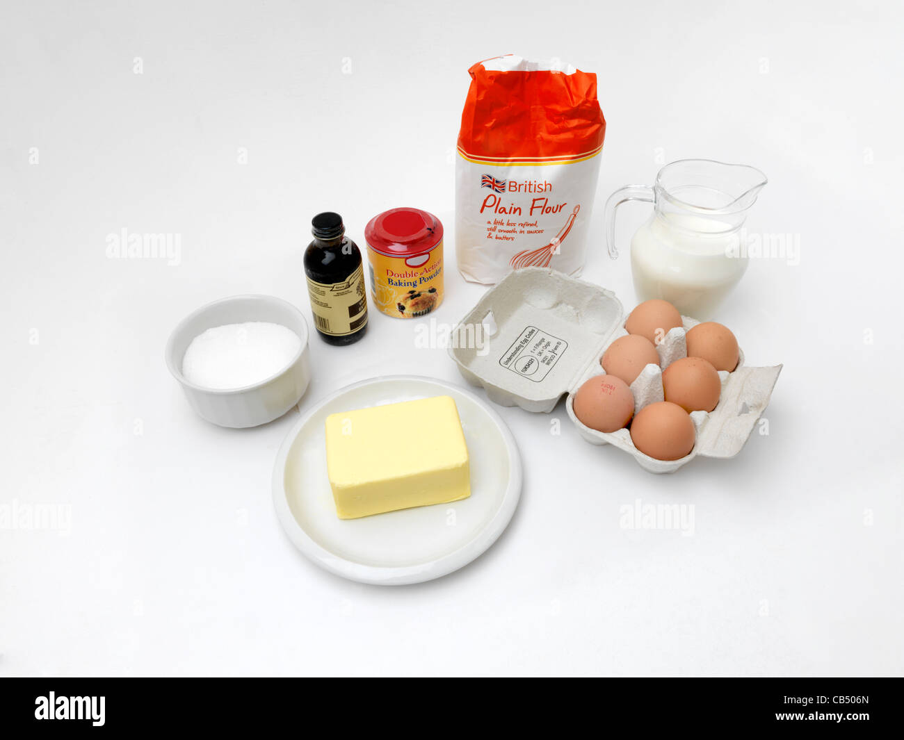 Ingredients Jug Of Milk, Plain Flour, Vanilla Extract, Bowl Of Sugar