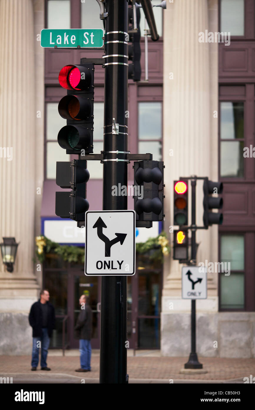 Directions street signs and traffic signals. Oak Park, Illinois. Stock Photo