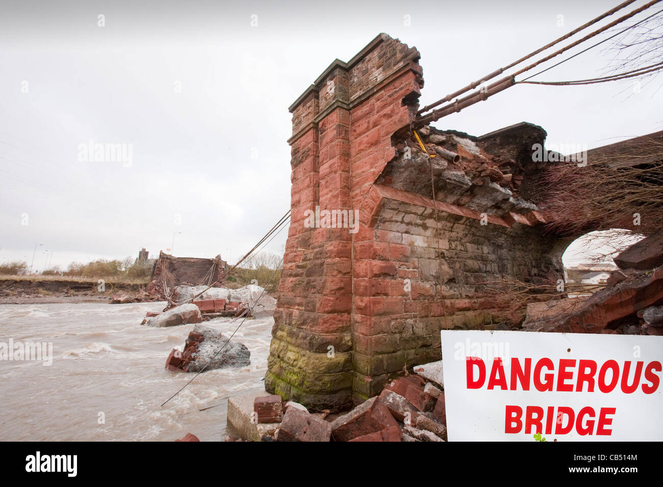 A bridge destroyed by floods in Workington, Cumbria, UK. Stock Photo