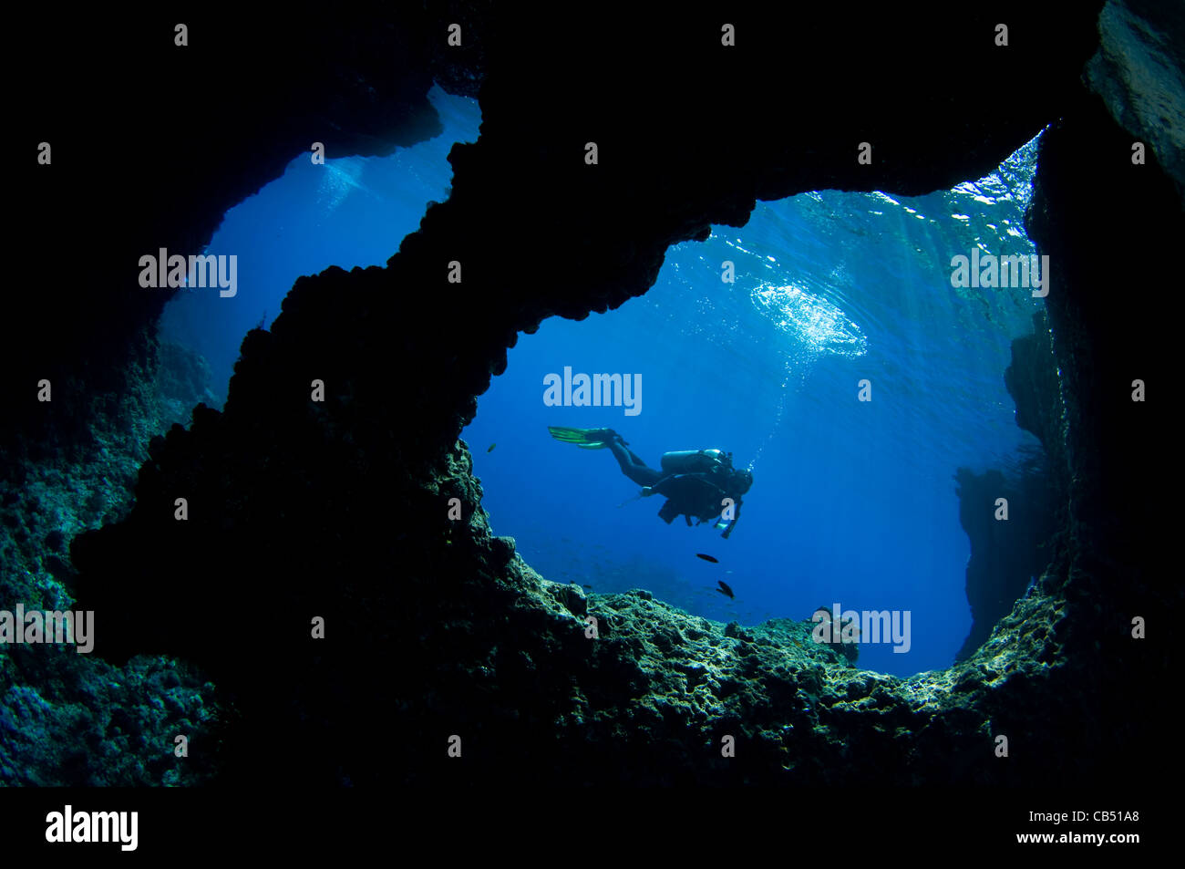 A diver swims past Boo Windows on Boo Island, Raja Ampat, West Papua ...