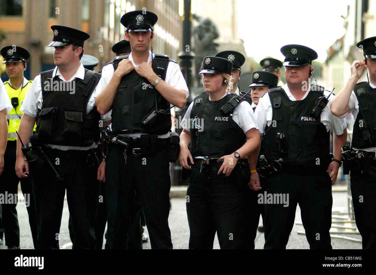 PSNI officers on duty during loyalist parade in Londonderry, Northern Ireland. Stock Photo