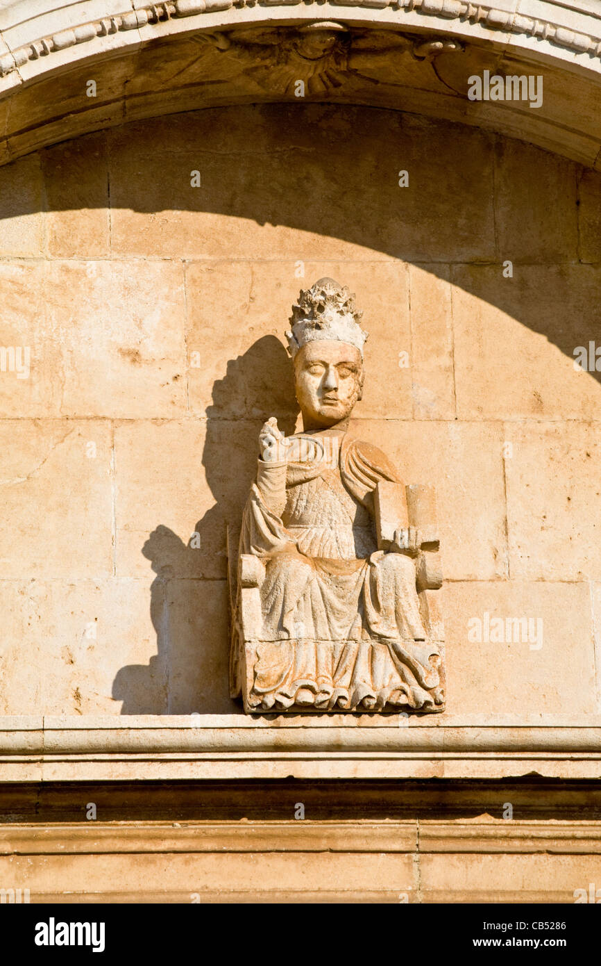 Statue on St Stephens Cathedral in Trg Sveti Stjepana or St Stephens Square in Hvar Town, Hvar Island, Croatia Stock Photo