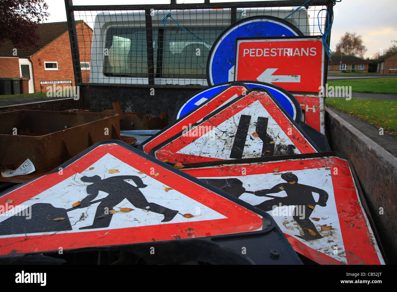 Road signs, back of truck, road ahead closed, temporary working, signs