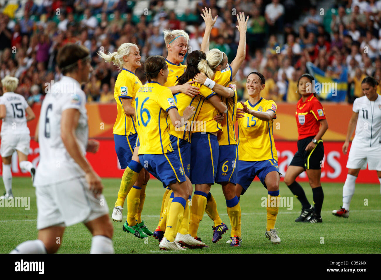 Sweden players celebrate after a goal against the United States during a 2011 Women's World Cup Group C match. Stock Photo