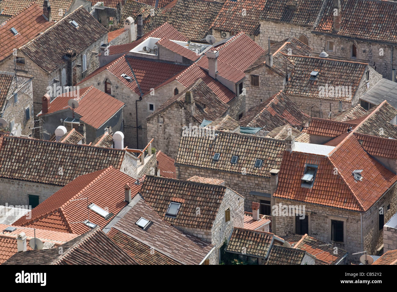 Elevated view of buildings and roof tops of Hvar Town, Hvar Island, Croatia Stock Photo