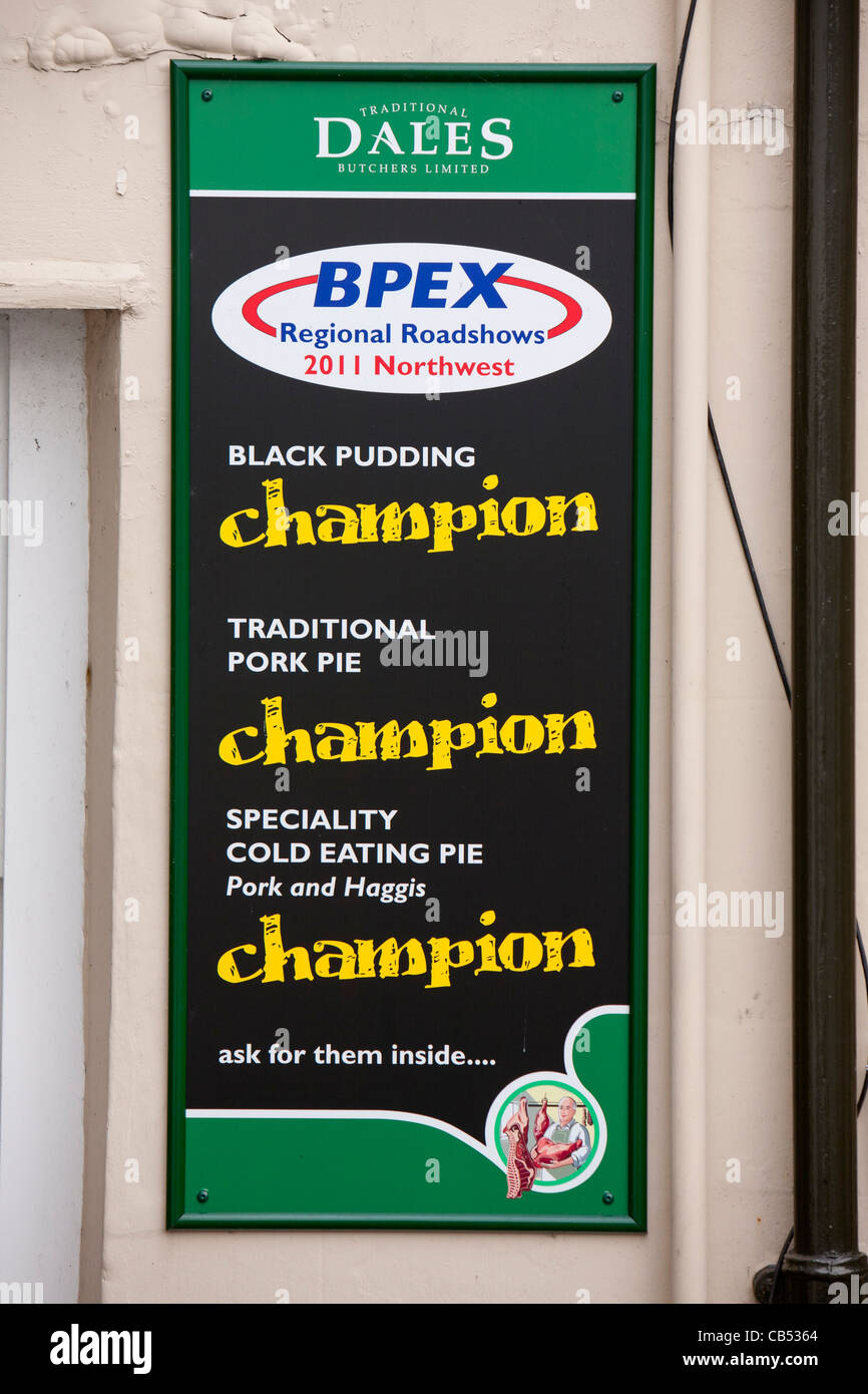 An award sign outside a butchers shop in Kirkby Lonsdale, Cumbria, UK