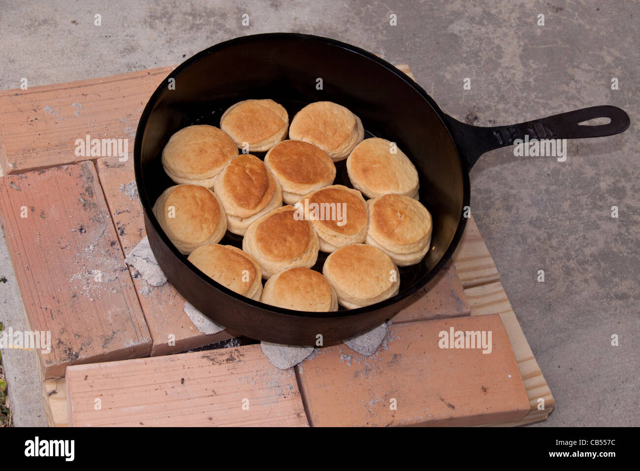Biscuits cooked in cast iron "black iron" Dutch Oven skillet using hot