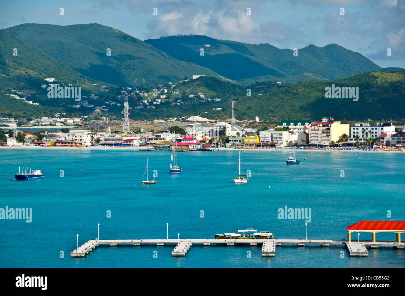St Maarten Philipsburg city coastal scenic taken from the harbor Stock Photo