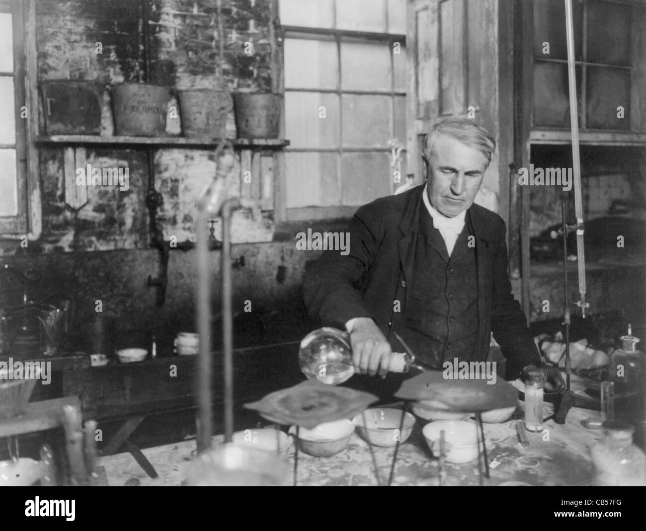 Vintage photo of American inventor and businessman Thomas Alva Edison (1847 – 1931). Edison is pictured in his laboratory circa 1905. Stock Photo