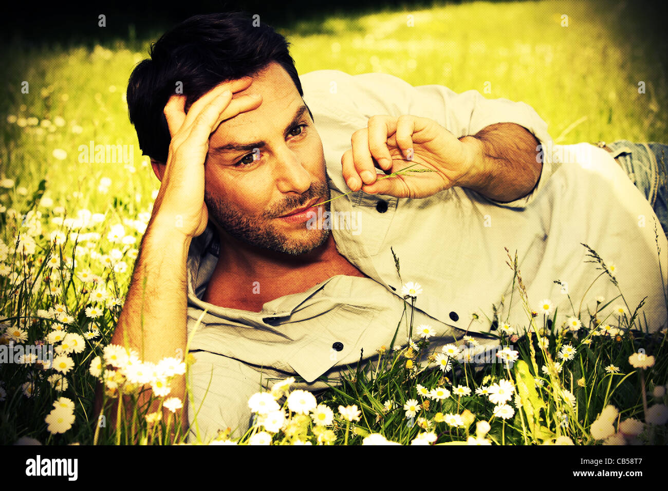 Relaxed man laid in the grass Stock Photo - Alamy