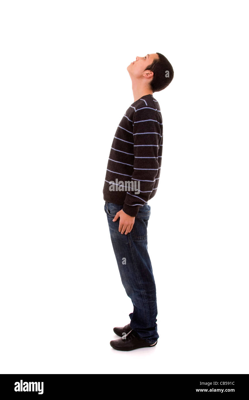 young man standing with his head looking up (isolated on white Stock Photo Alamy