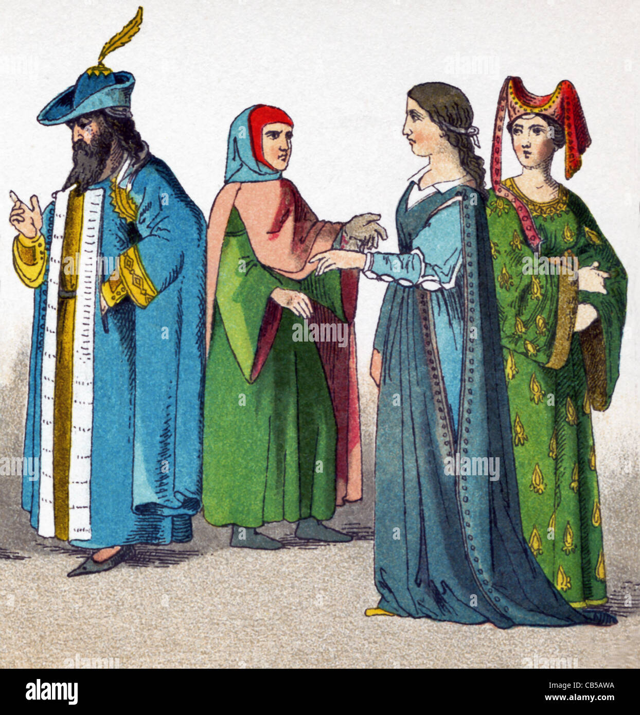 The Italians pictured here date to A.D. 1300 and are, from left to right: man of rank, magistrate; two women of rank. Stock Photo