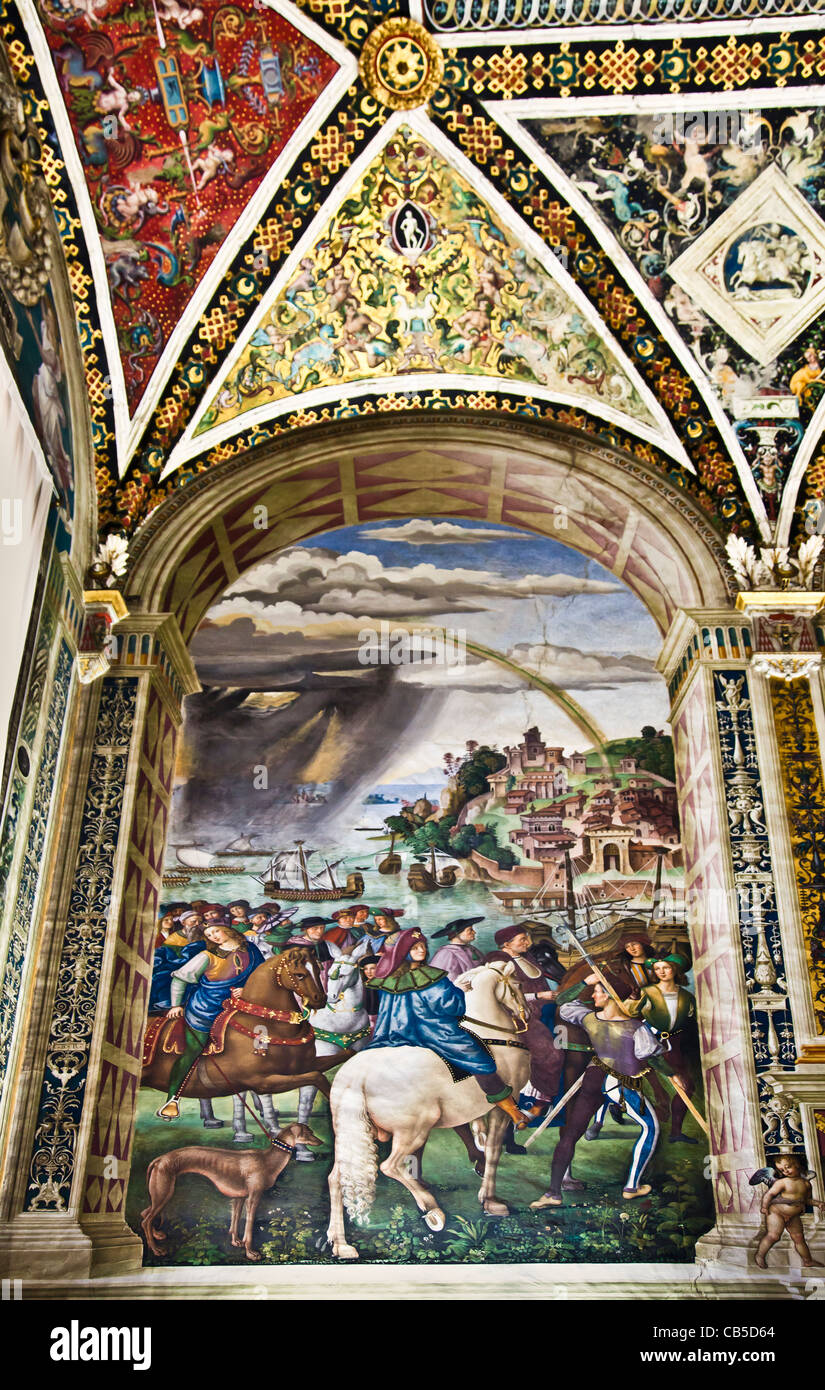 Fresco 1: 'Enea Piccolomini Leaves for the Council of Basel' by Pinturicchio,  in the Piccolomini Library, Duomo di Siena, Italy Stock Photo