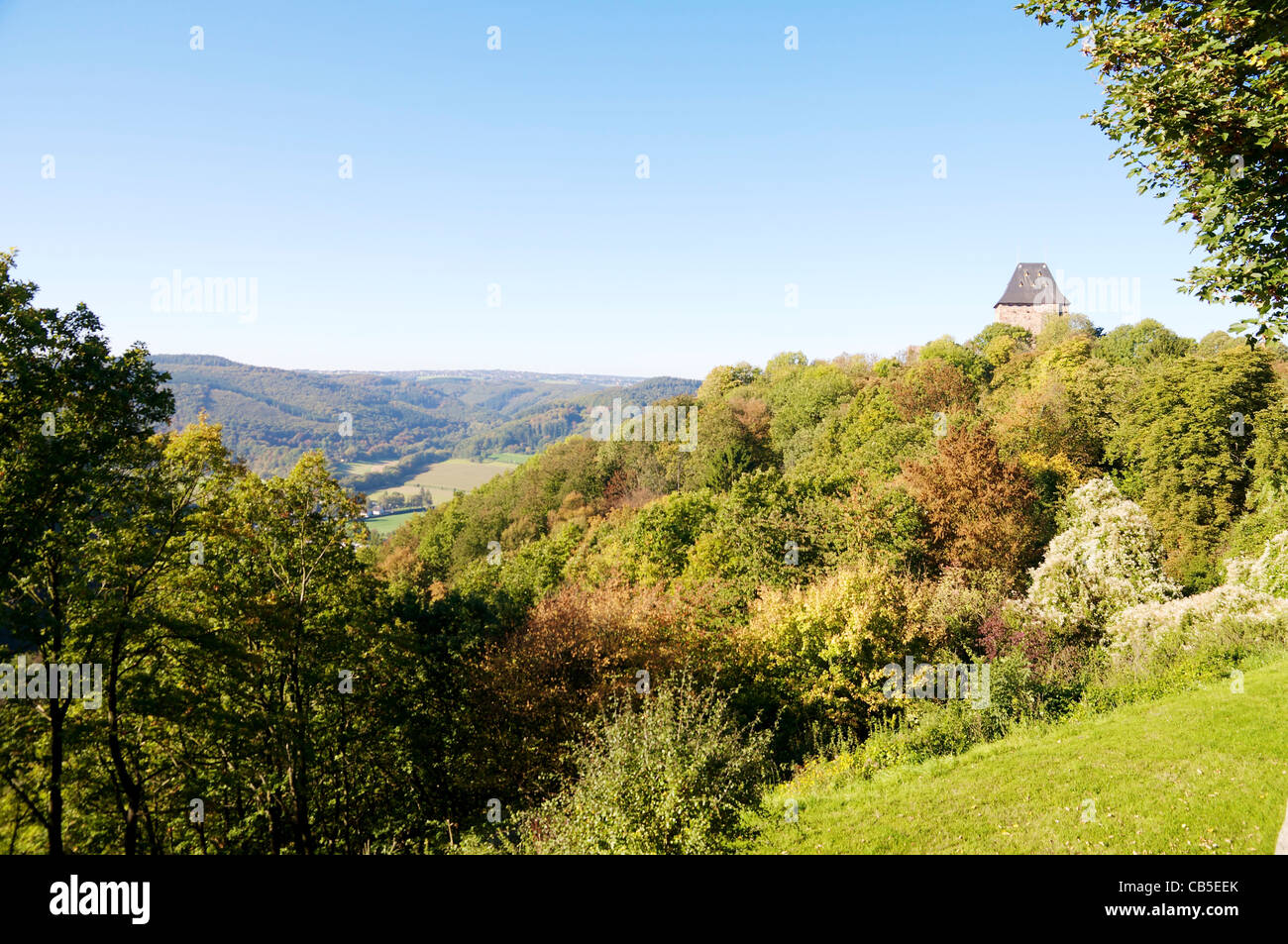 Keep of the partly restored Nideggen castle (Burg Nideggen) looking over the valley of the river Rur in the Eifel region. Stock Photo