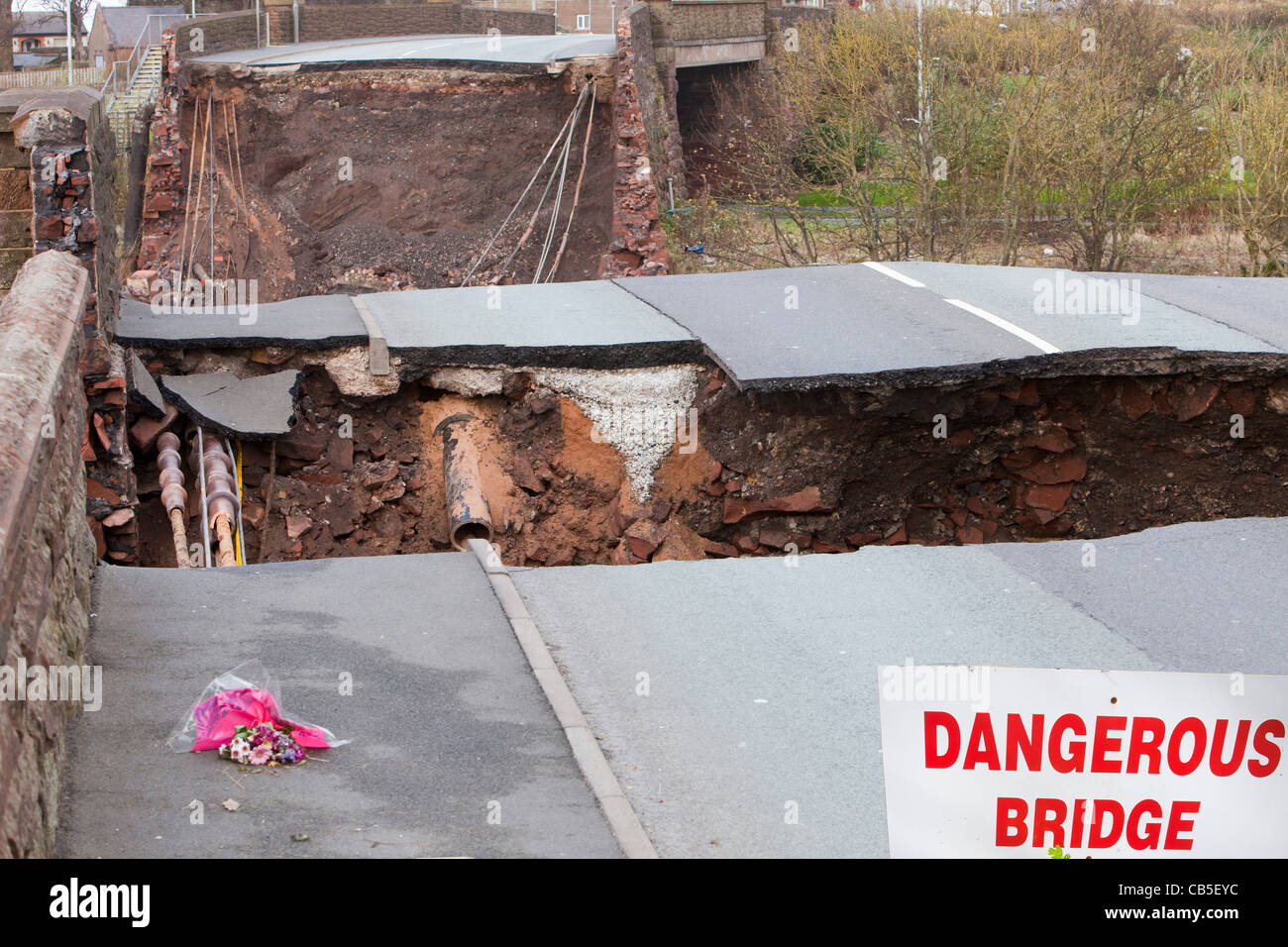 A bridge in Workington destroyed by the November 2009 floods, Cumbria, UK Stock Photo