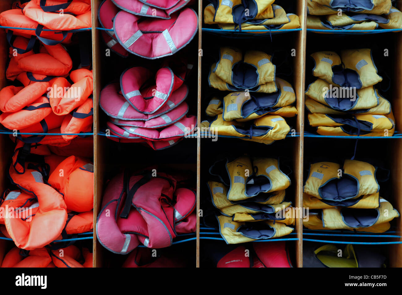 Life-vests at a rowing club on the Thames, Reading, England, UK Stock Photo