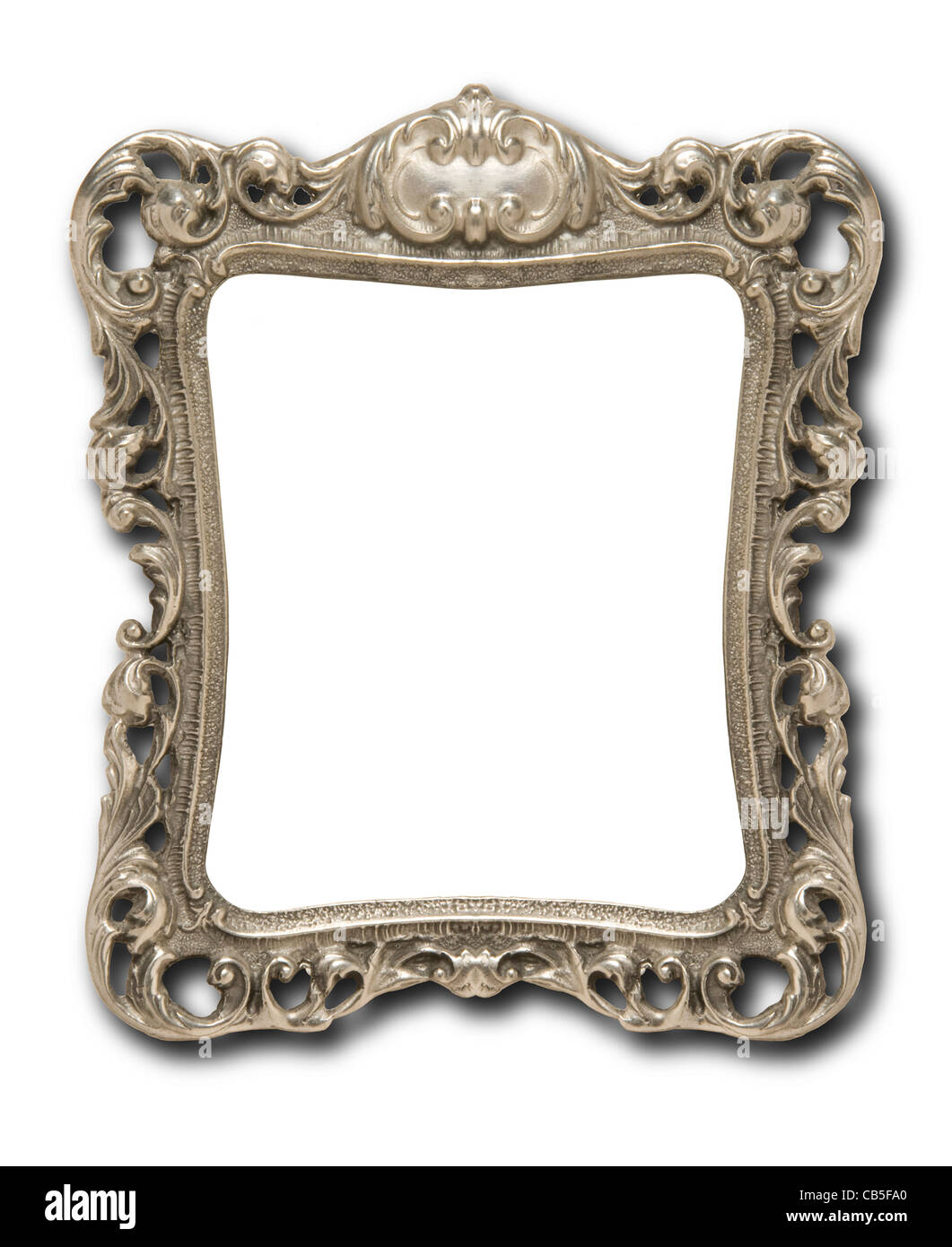 An ornate pewter picture frame against a white background with drop shadow Stock Photo