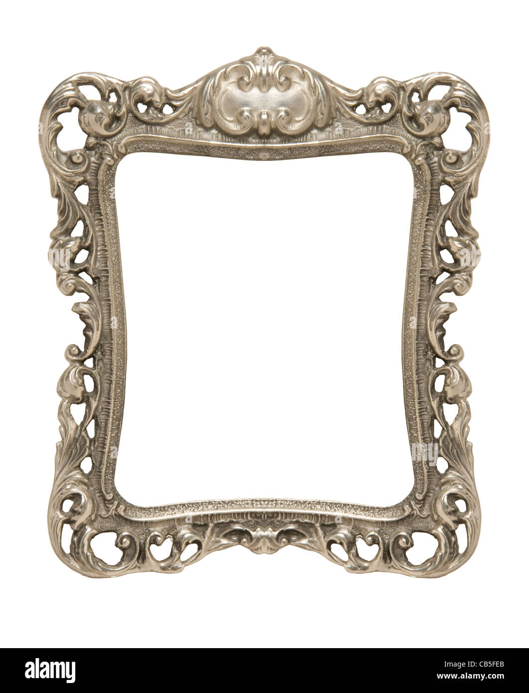 An ornate pewter picture frame silhouetted against a white background Stock Photo