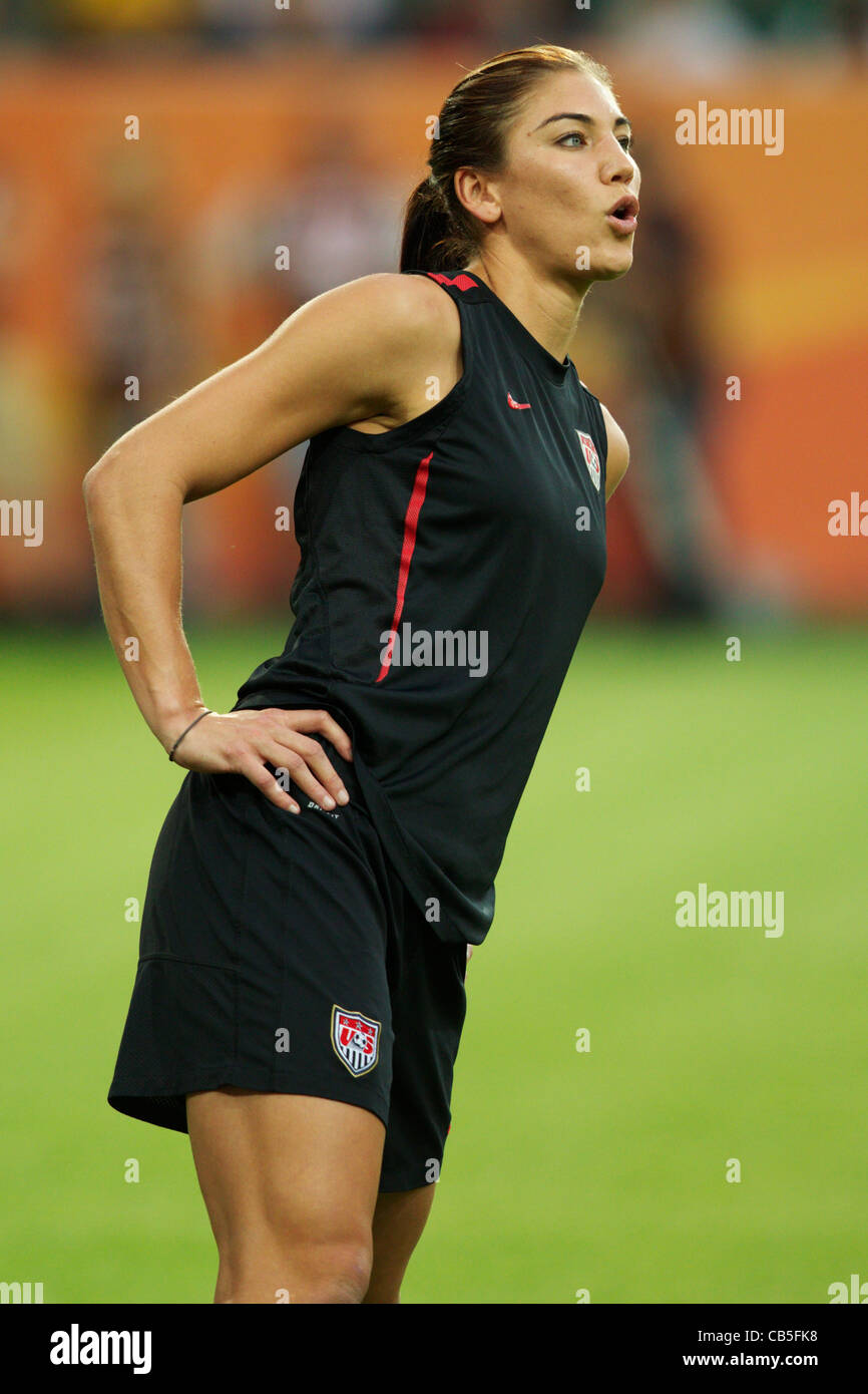 United States goalkeeper Hope Solo stretches during warmups before a 2011 FIFA Women's World Cup Group C match against Sweden. Stock Photo