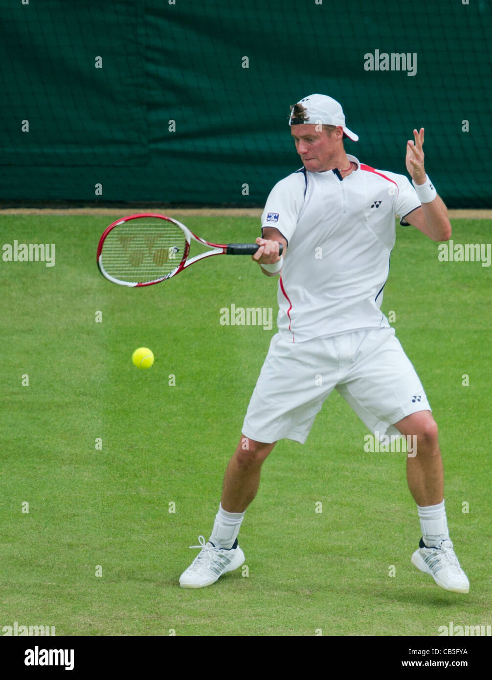 23.06.2011. Robin Soderling  defeats Lleyton Hewitt AUS 67,37,75,64. Lleyton in action. The Wimbledon Tennis Championships. Stock Photo