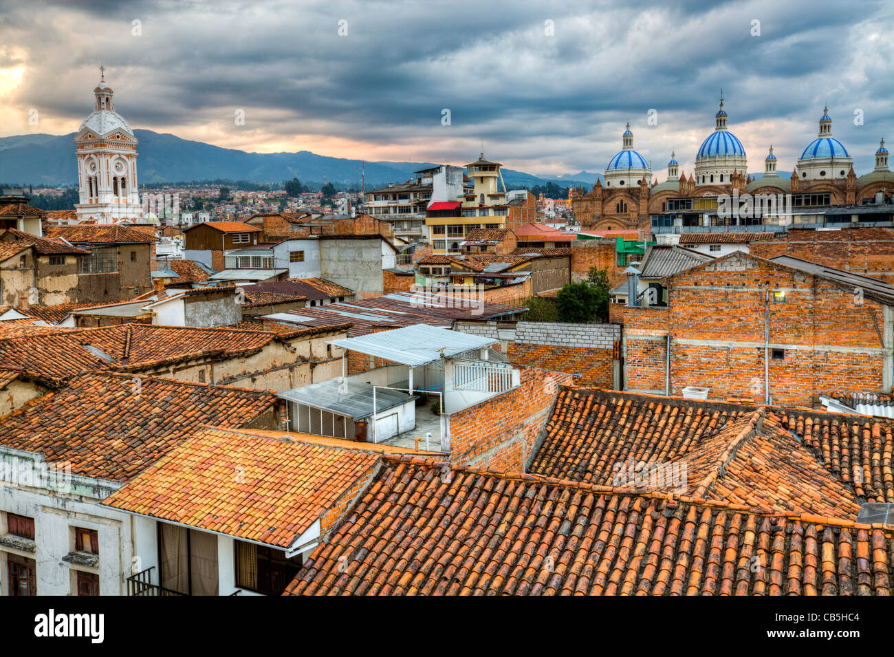 Rooftops of Cuenca with the blue cathedral in background Stock Photo