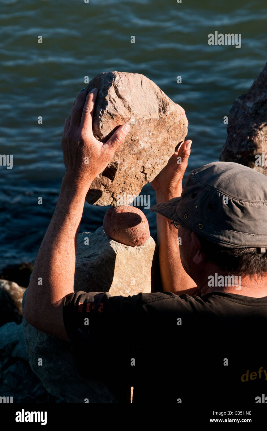 California Sausalito rock balance artist Bill Dan and his waterfront sculptures Stock Photo