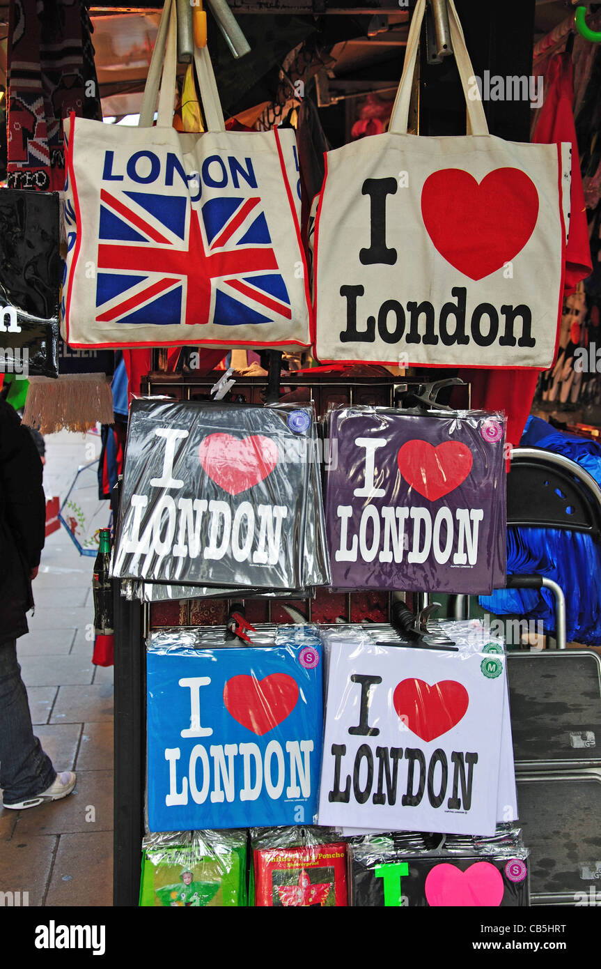 London souvenir bags on stall in Oxford Street, City of Westminster ...