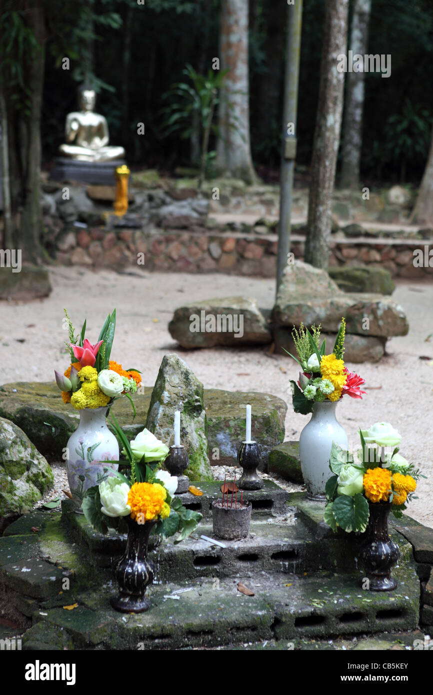 Floral offerings to Buddha at Wat Suan Mokkh monastery, Suan Mokkh, Surat Thani, Thailand, Southeast Asia, Asia Stock Photo