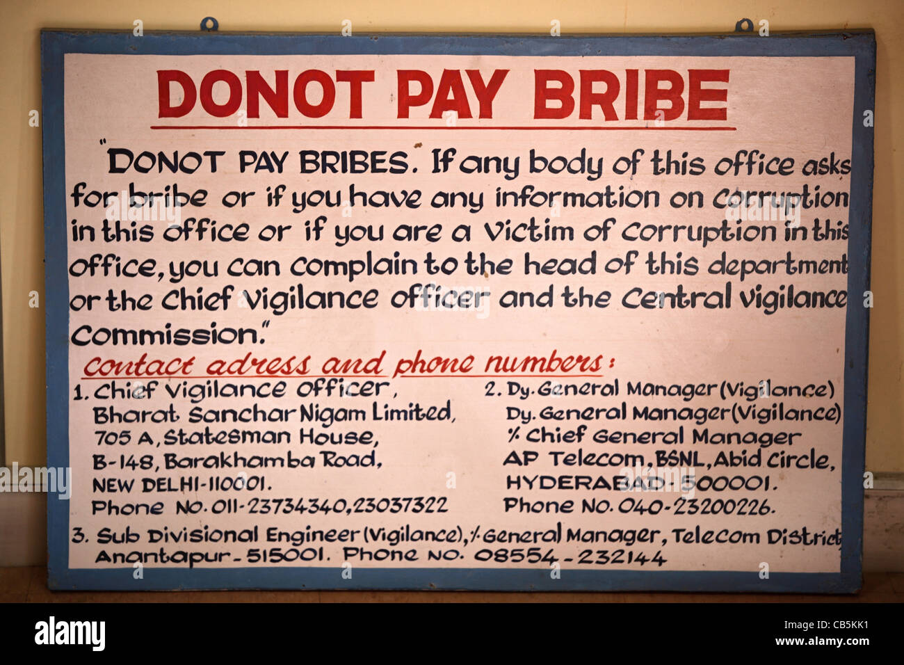 Do not pay bribe sign Andhra Pradesh South India Stock Photo