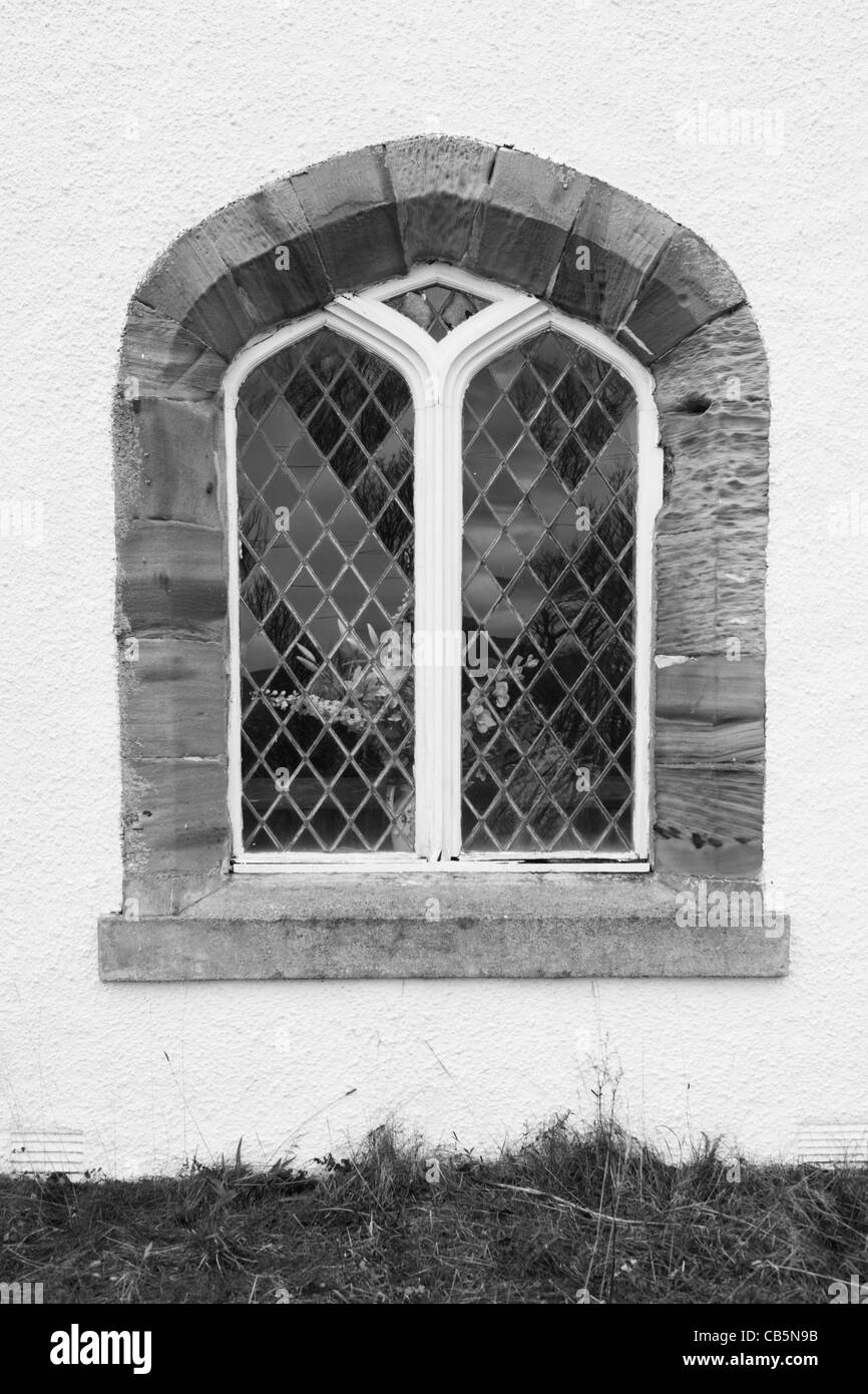 Window detail of the Thomas Telford-designed church on Ulva, Isle of Mull, Scotland. Stock Photo